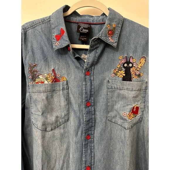 Studio Ghibli Kiki's Delivery Service Jiji Denim Woven Button-Up Shirt Size M - Picture 5 of 8